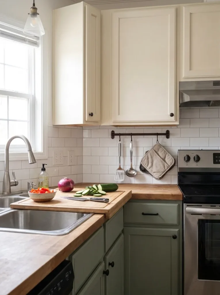 Removable cutting surface spanning the sink to create temporary prep space in a compact manufactured-home kitchen.