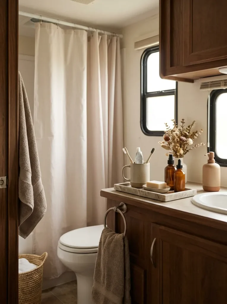 Realistic mobile home vanity with everyday toiletries consolidated on a neutral tray while the warm fall palette remains visible.
