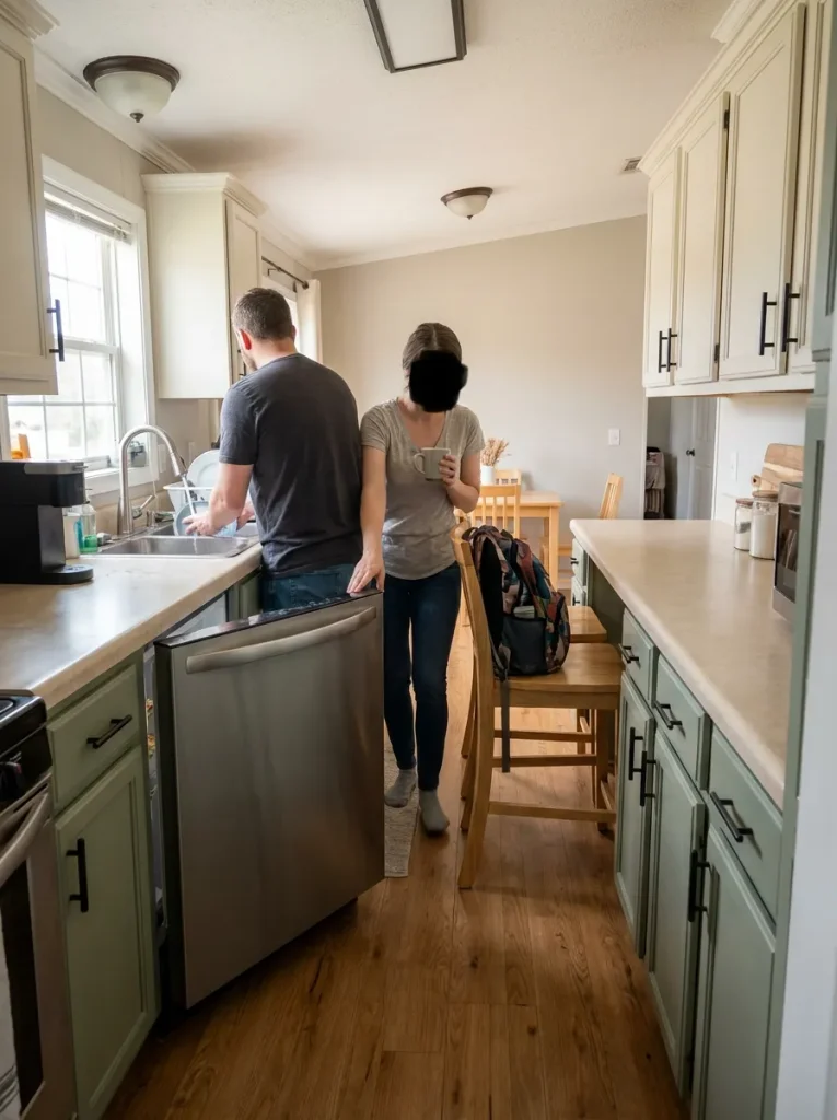Narrow single-wide kitchen showing an open refrigerator, occupied stool and people sharing the same circulation path.