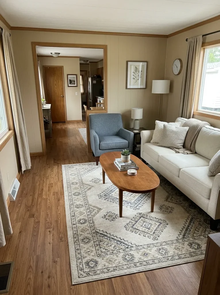 Mobile home living room using an oval coffee table beside a tight walking route to make movement around the seating e