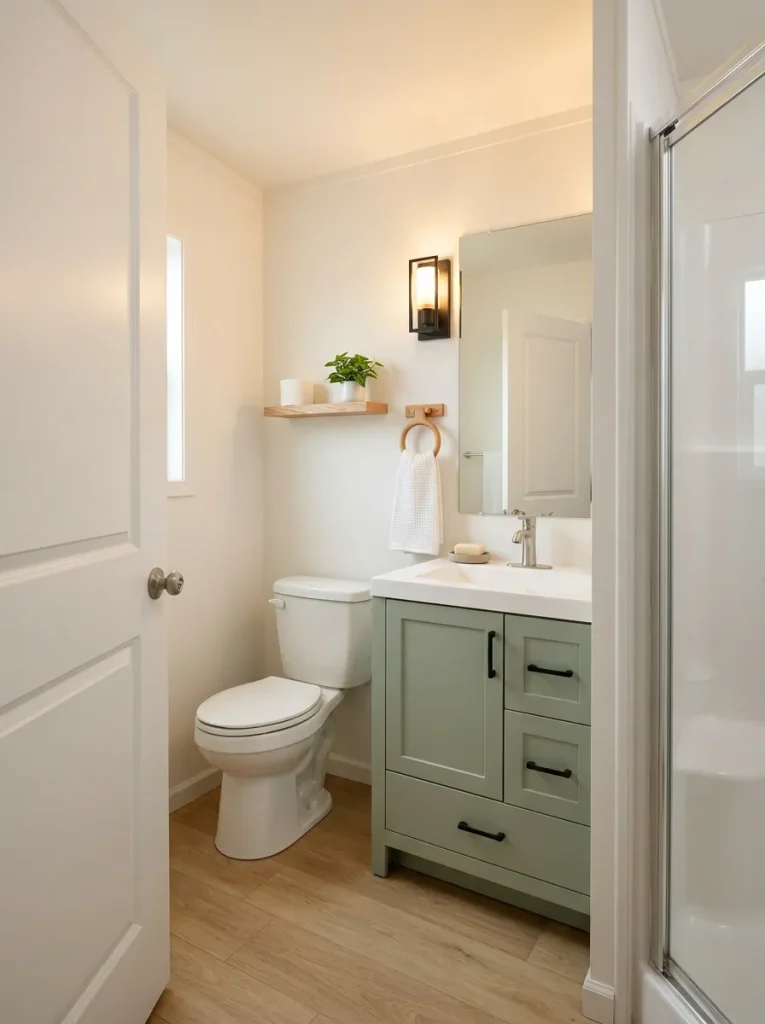 Small mobile home bathroom with vanity positioned to maintain movement between the entry door, toilet and sink area.
