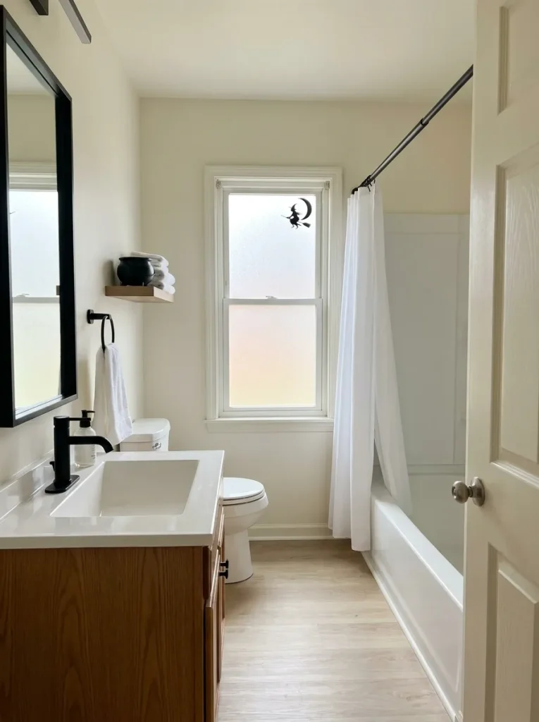 View along the bathtub toward a frosted window with a small moon-and-witch silhouette in its corner.