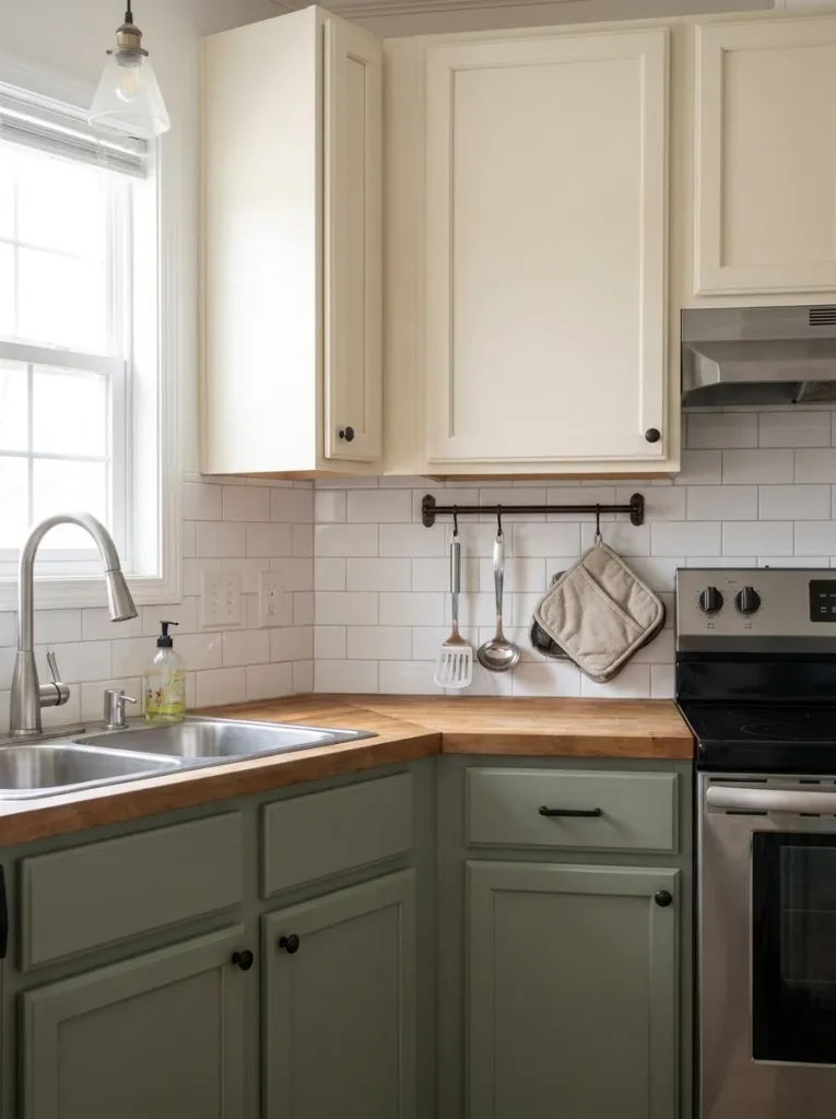 Short backsplash rail holding a few daily cooking tools above a clear section of counter in a small mobile-home kitchen.