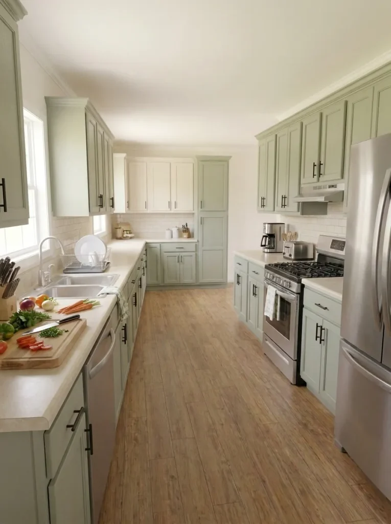 Tall pantry cabinet placed at the far end of a narrow single-wide kitchen to keep the central sightline open.
