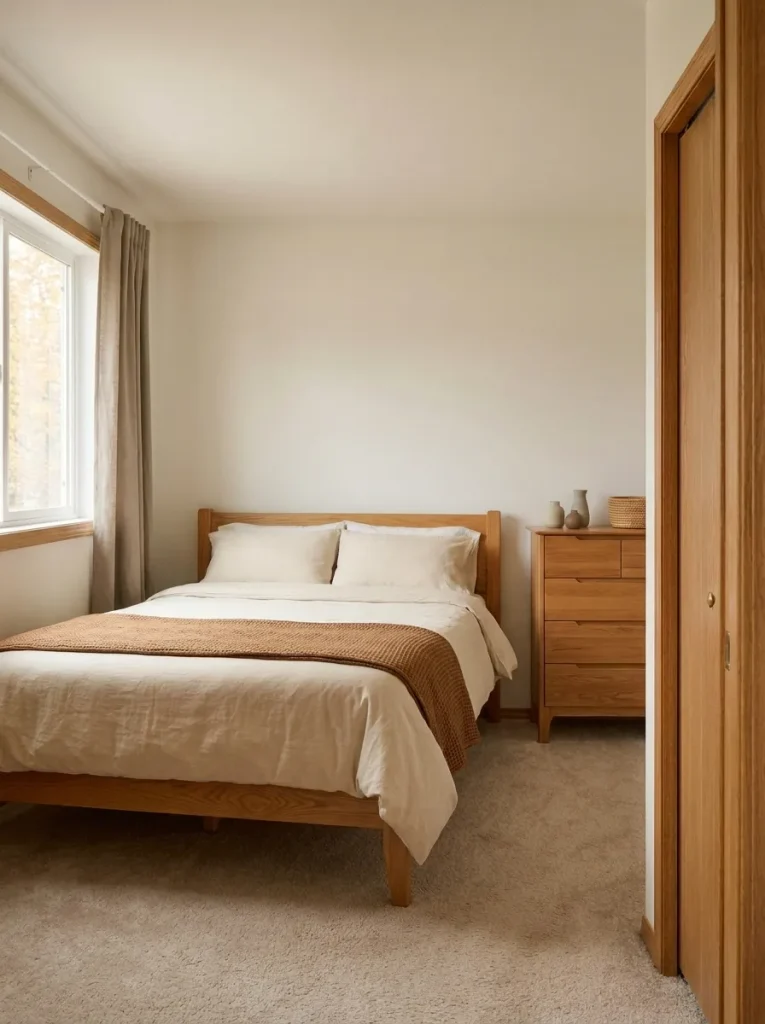 Oatmeal bedding and a tobacco throw beside beige carpet and mushroom curtains in a compact bedroom.