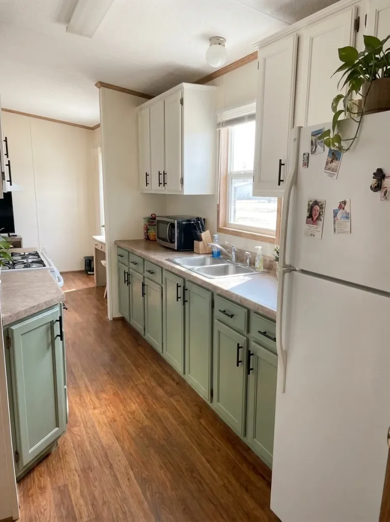 Long view of a mobile-home kitchen where a calm warm-white wall lets sage cabinets and existing finishes read more clearly.