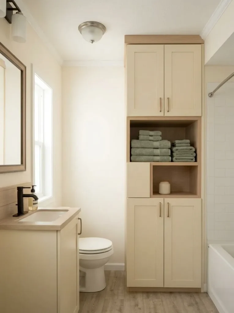 One floor-to-ceiling storage column replacing scattered organizers in a small manufactured-home bathroom.