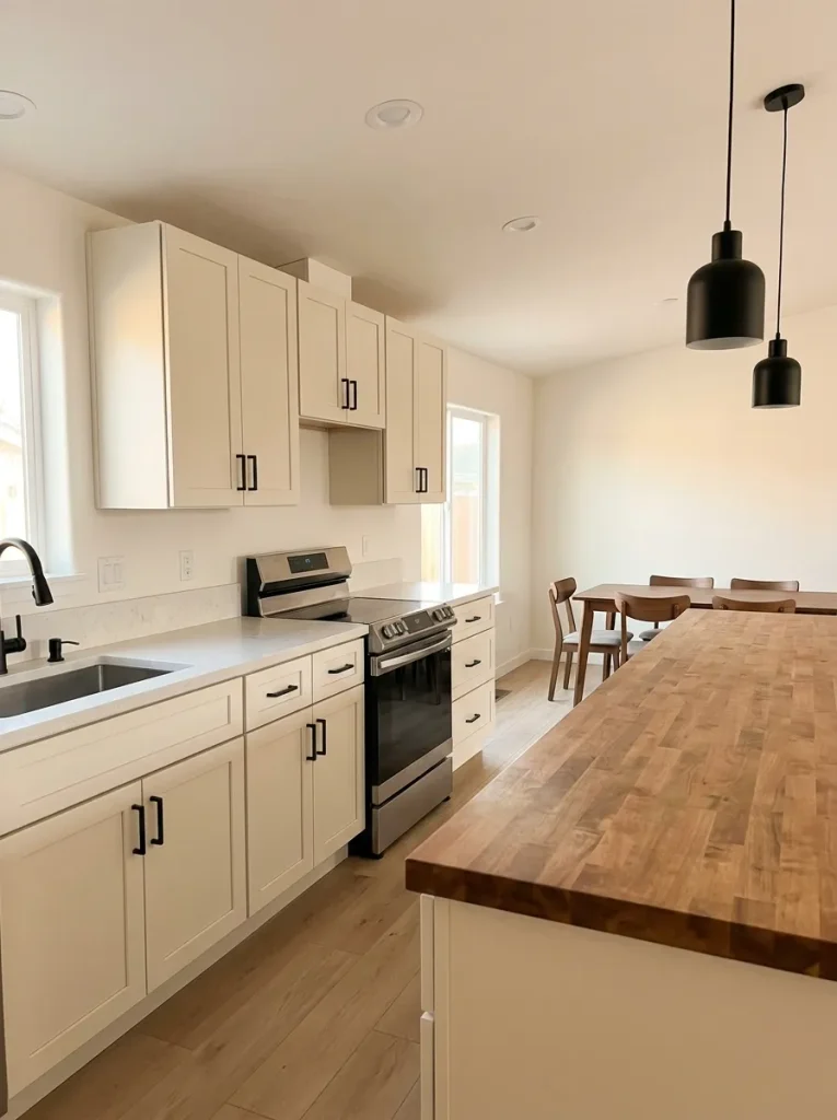 Fresh mobile home kitchen with cream cabinetry and a single butcher-block peninsula adding warmth to clean modern finishes.