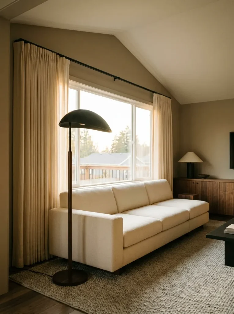 Finished mobile home living room where a tall floor lamp responds to the peaked ceiling, long sectional, and broad window.