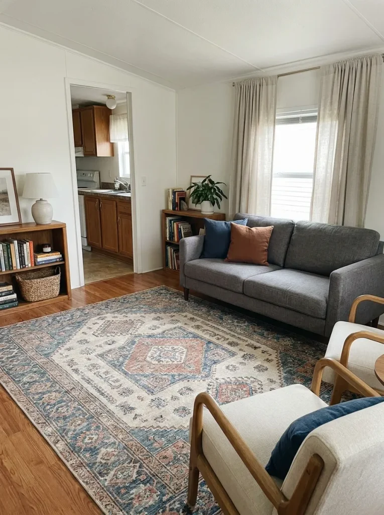 Mobile home seating area with one patterned rug leading the design while the sofa, curtains, and cushions remain visually quieter.