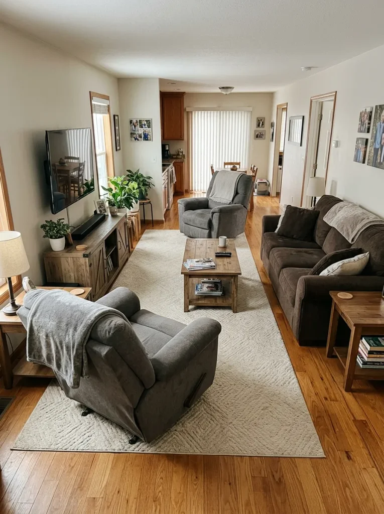 Two recliners offset within a narrow single-wide living room so one faces the TV and the other connects more naturally with the sof