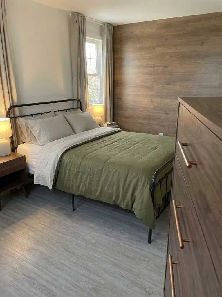 Olive bedding and stone curtains beyond a dresser with warm-metal handles and a matching bedside lamp.