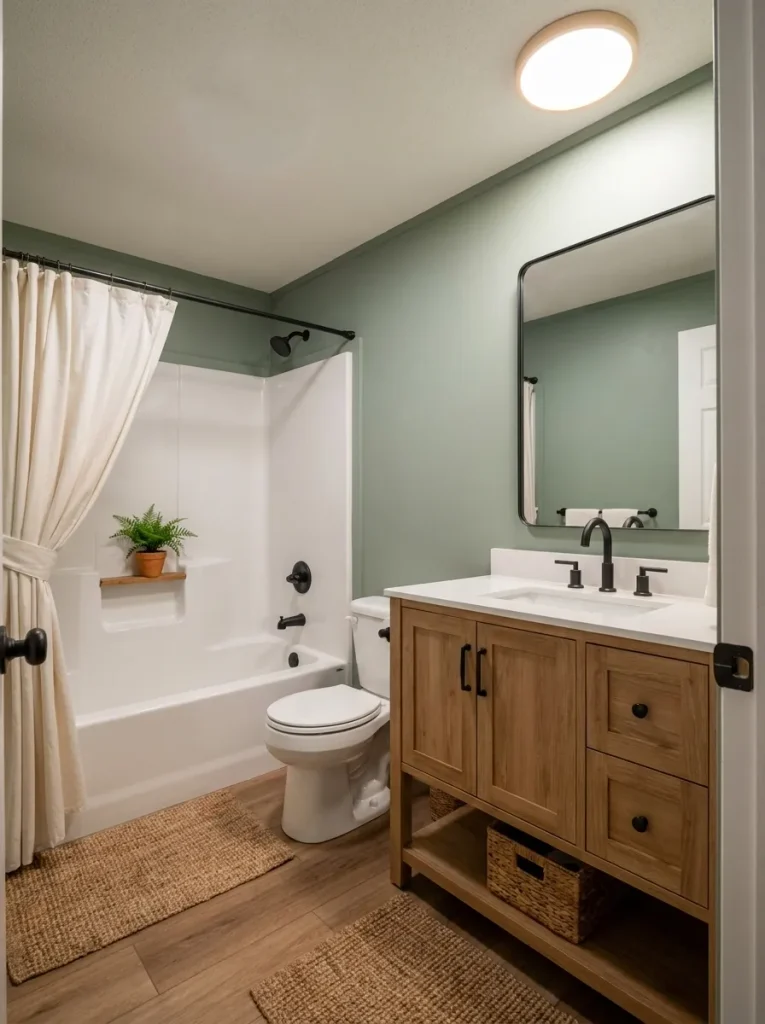 Cohesive sage, warm wood and black accents throughout a compact mobile home bathroom.