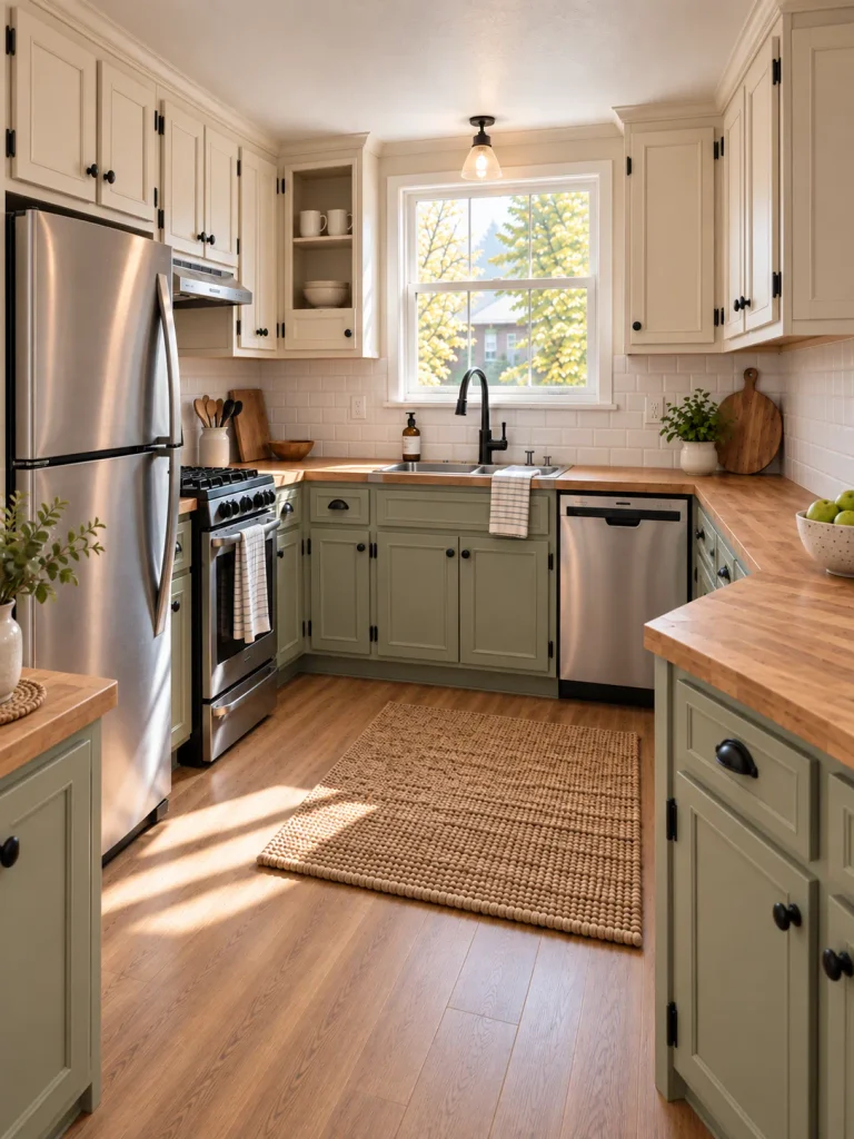 Mobile home kitchen with one upper cabinet converted into an open cubby while the surrounding cabinets remain closed.