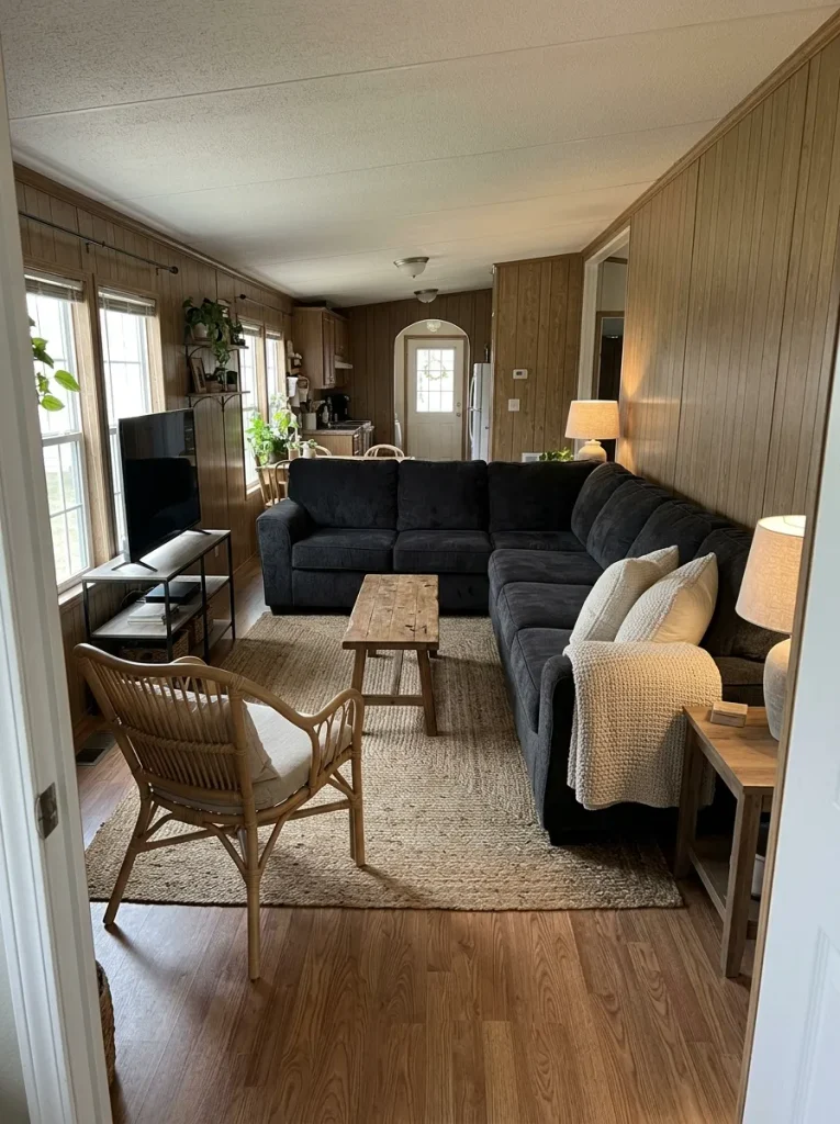 Dark sofa in a narrow single-wide living room broken up by one concentrated zone of cream cushions and an oatmeal throw.