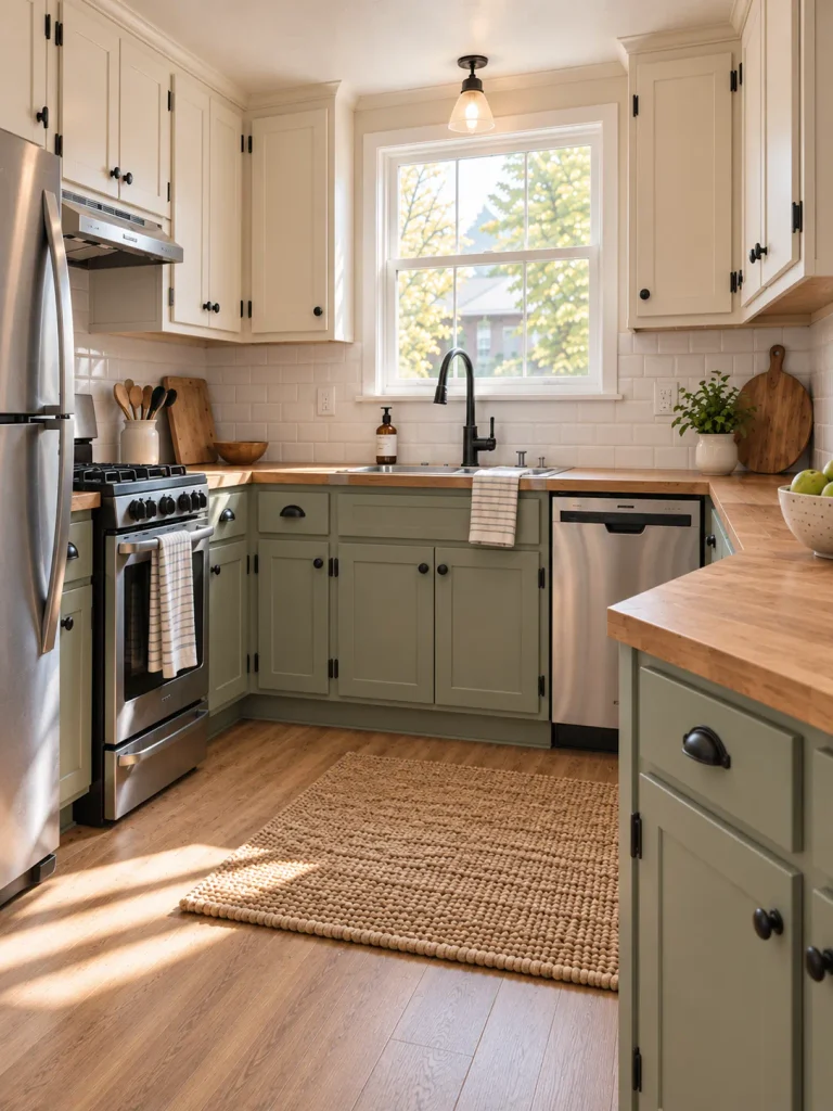 Cream-and-sage mobile home cabinets with coordinated dark exposed hinges, knobs and pulls beside stainless appliances.