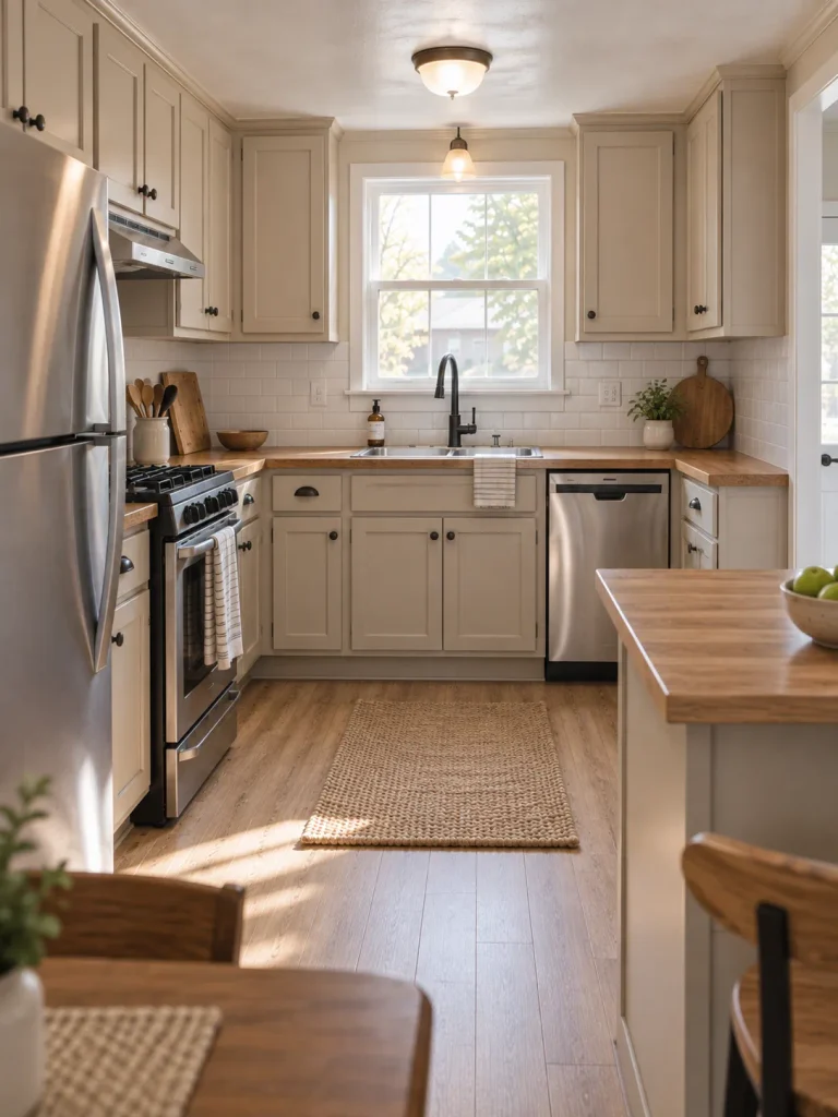 Mobile home kitchen with all existing cabinets painted one soft mushroom-cream color to calm the surrounding wood floor, counters and appliances.