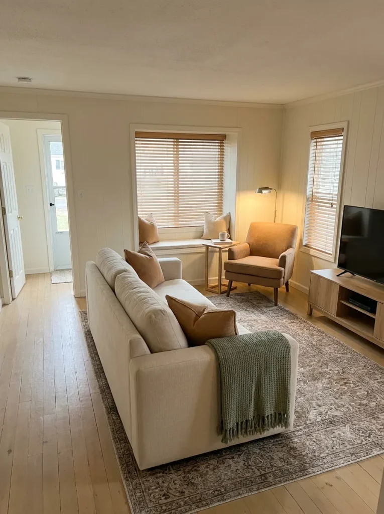 Mobile home living room with a single comfortable chair, side table and lamp creating a quiet window-side pause zone.