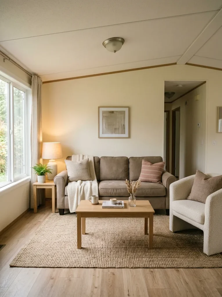 Mobile home sofa and chair with restrained knit, linen and woven layers while every seat remains usable.