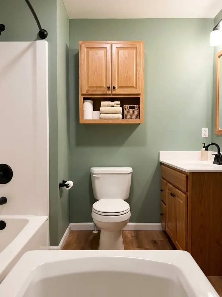 One contained storage zone above the toilet in a compact mobile home bathroom.
