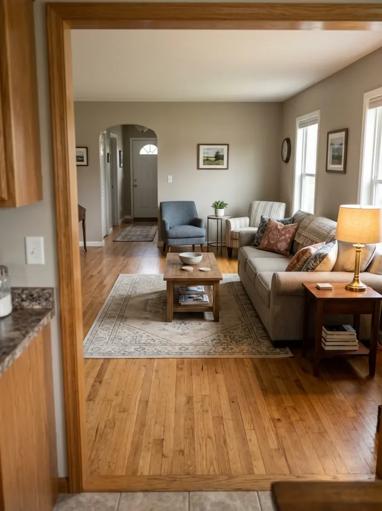 Sofa with its busy-side arm left completely open beside the primary path through a narrow single-wide living room.