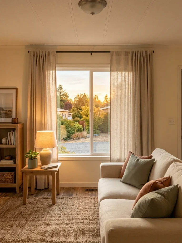 Mobile home living room with flexible linen curtains keeping the window bright by day and sheltered for evening.