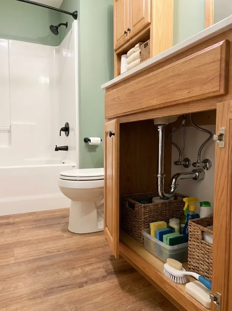 Under-sink organizers fitted around plumbing inside a compact mobile home bathroom vanity.