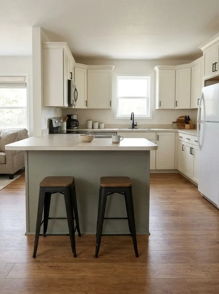 Compact peninsula with slim bar stools tucked fully underneath to keep the mobile home kitchen walkway clear.