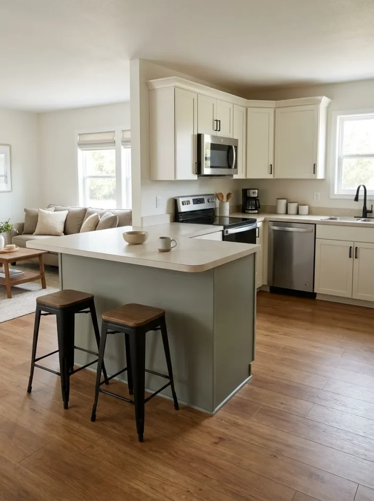 Open single-wide mobile home with a compact peninsula dividing the kitchen and living area while preserving the sightline.