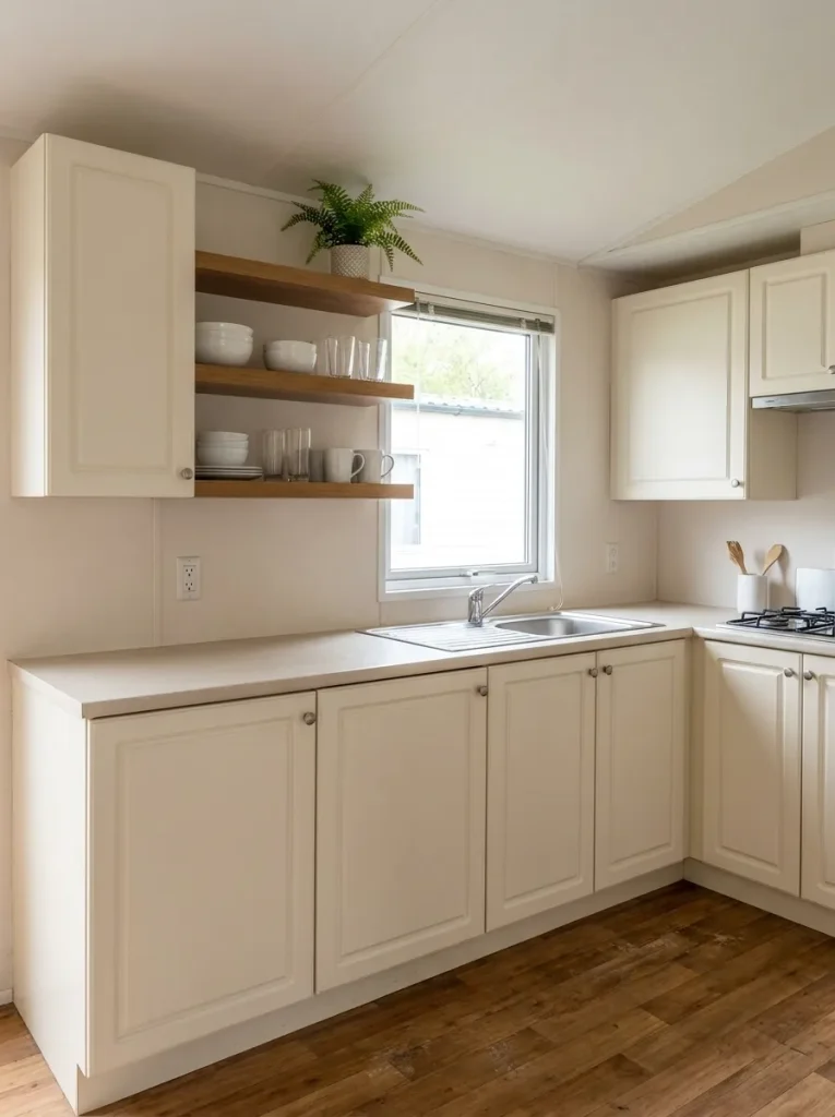 Mobile home sink wall with practical open wood shelves beside a window and closed cabinetry retained elsewhere.