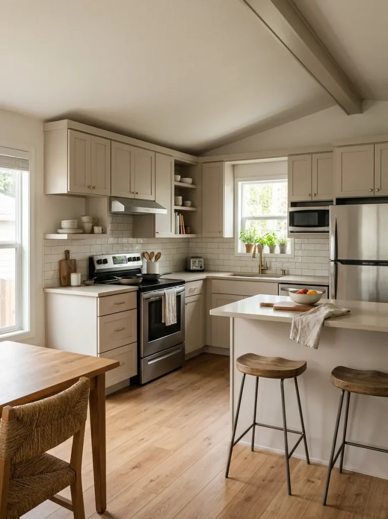 Double wide kitchen with existing cabinet layout refreshed using painted doors and new hardware.
