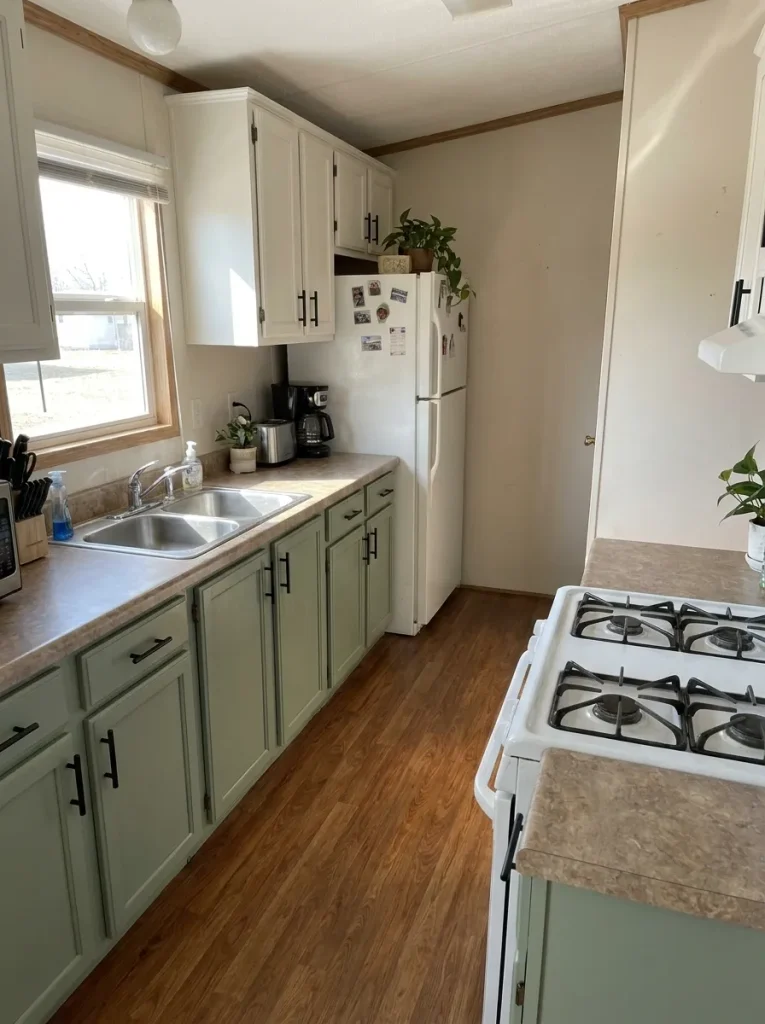 Mobile-home kitchen with a complete sage-green lower cabinet run and retained warm-white upper cabinets.