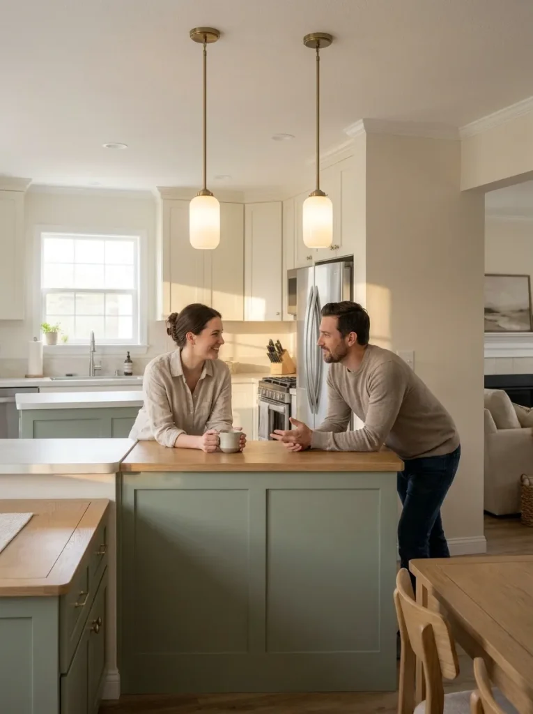 Slim kitchen pendants preserving a clear conversation sightline across a sage-green island.