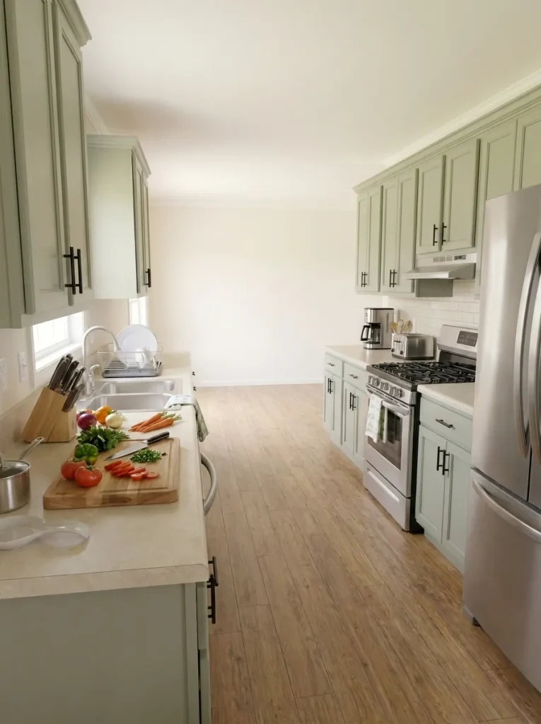 Clear prep counter in a narrow single-wide kitchen with small appliances grouped away from the main work surface.