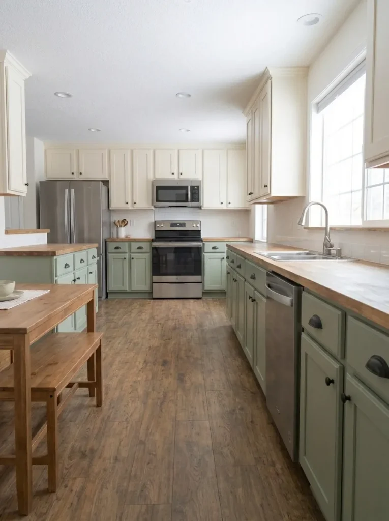 Finished small manufactured-home kitchen viewed from the adjoining room with a clear walkway, open prep counter, and uncluttered sink window.