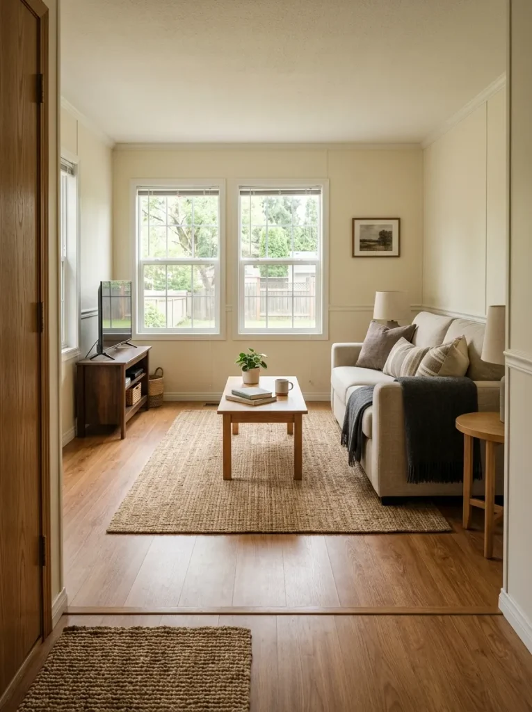 Small mobile home living room with visible wood flooring around a compact sofa, rug, and coffee-table grouping.