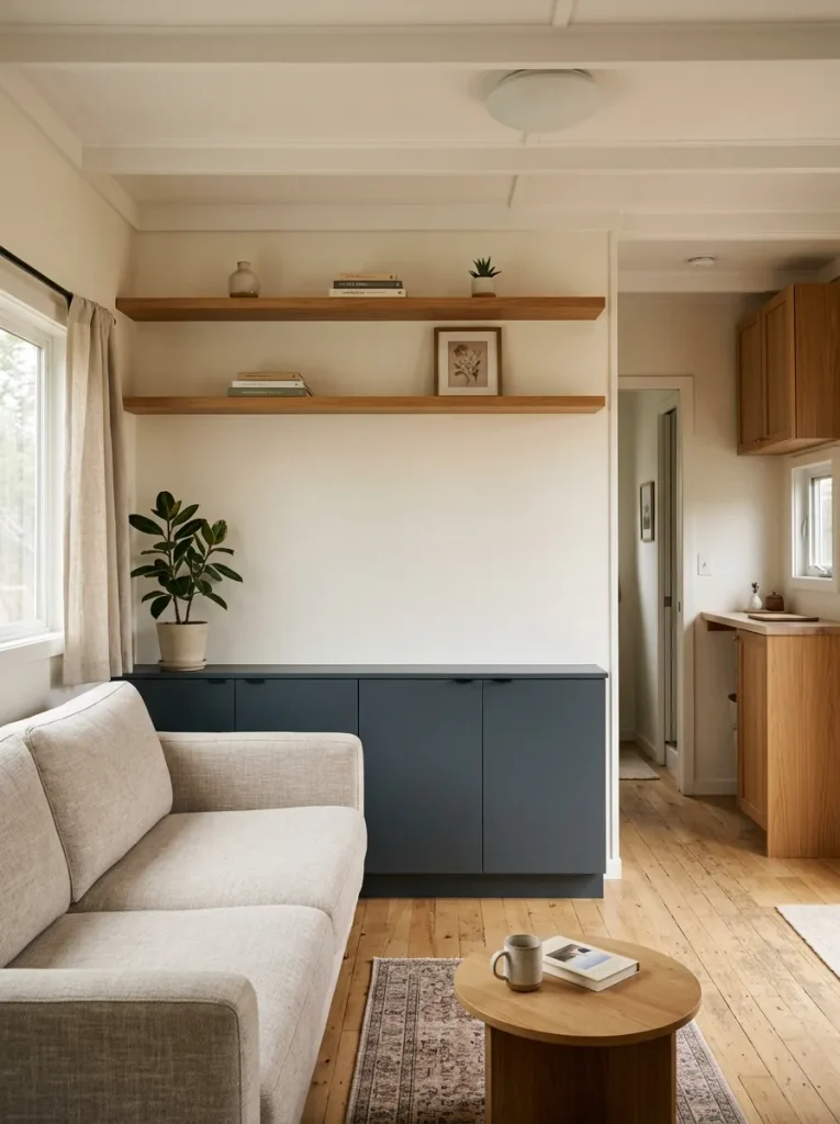 Small mobile home living room with low and upper storage separated by a calm eye-level wall band.