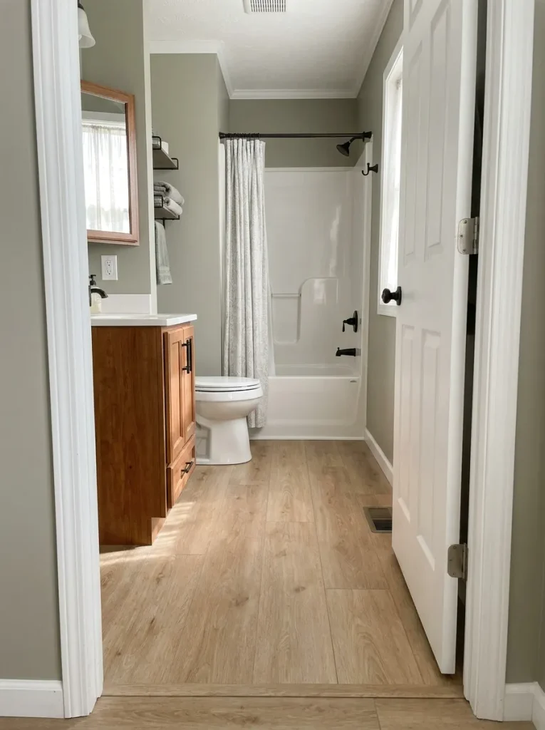 Clear floor path visible from the doorway of a small mobile home bathroom.