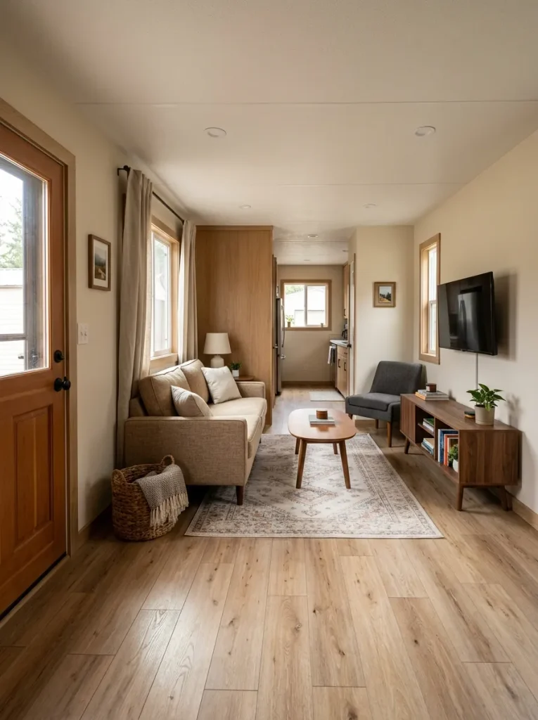 Narrow mobile home living room arranged with an unobstructed route from the front door past the seating area.