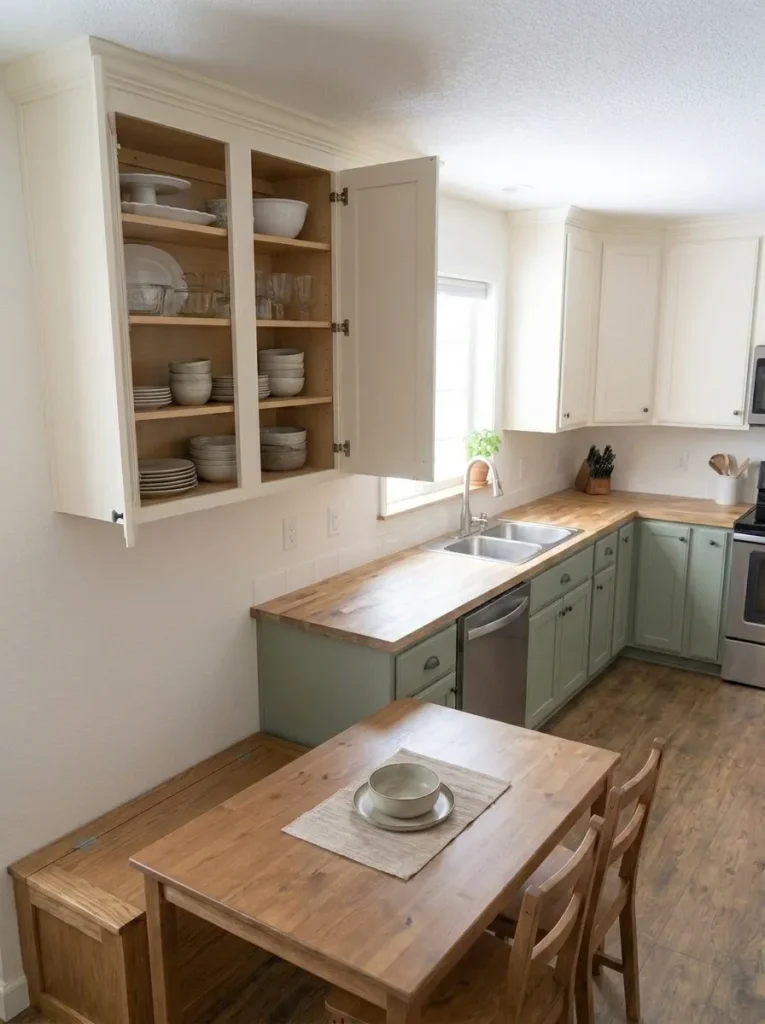 High-angle view of a small mobile-home kitchen showing occasional lightweight items stored above everyday dishes while eye level remains uncluttered.