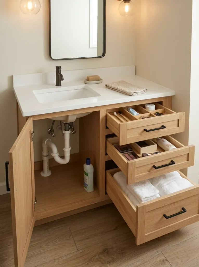 Open mobile home bathroom vanity showing plumbing in a door bay and clear drawers used for organized storage.