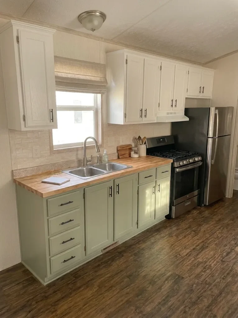 Finished mobile-home kitchen with sage and warm-white cabinets, retained appliances, clear counters and the original functional layout.