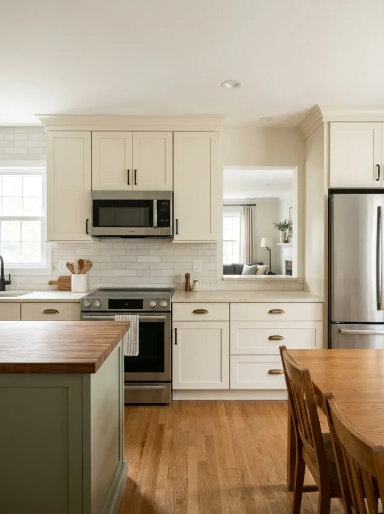 Subtle warm-white textured backsplash behind the range in a cream and sage double wide kitchen.