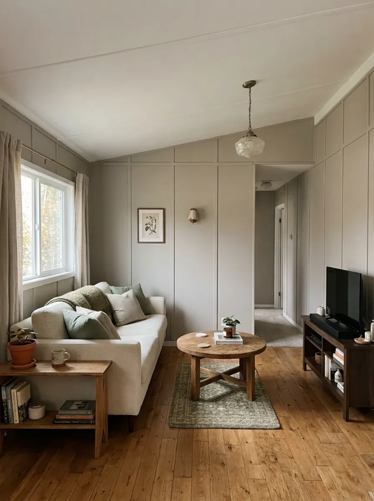 Older mobile home living room with panel battens and trim kept close in color to the surrounding walls.