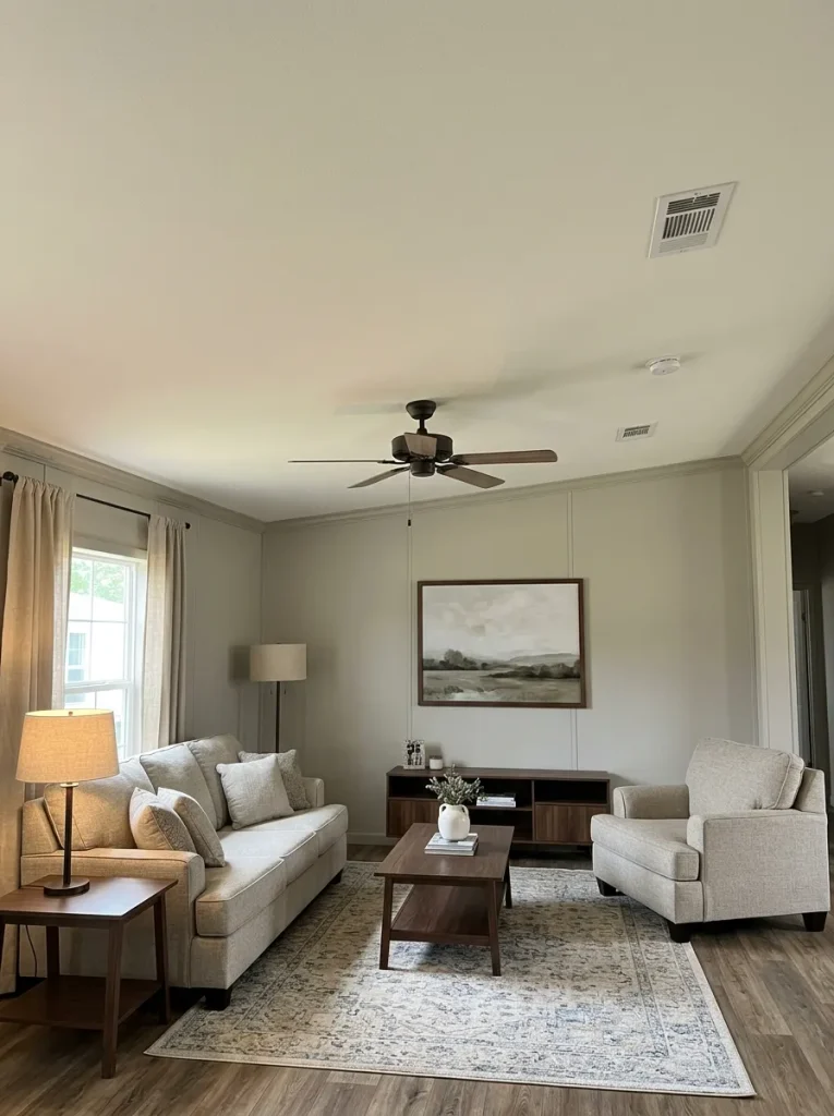 Mobile home living room with a simple ceiling fan and restrained upper-plane details creating a calmer visual ceiling.