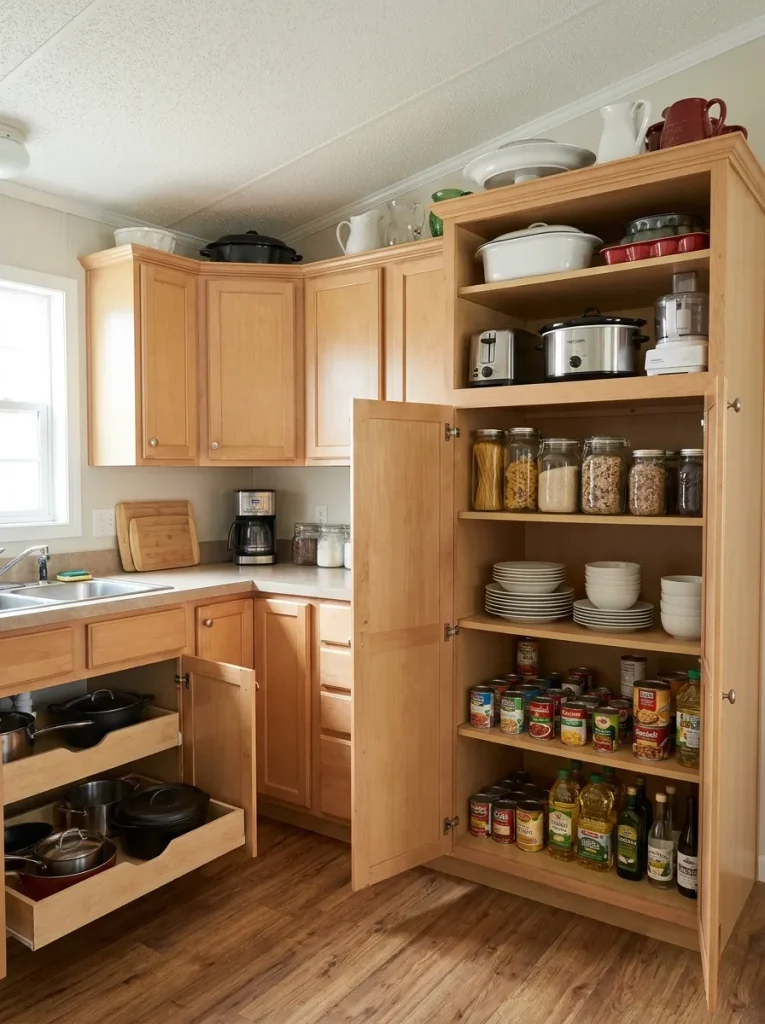 Mobile home kitchen with everyday items stored at easy reach, occasional items higher, and heavy cookware kept in lower storage.