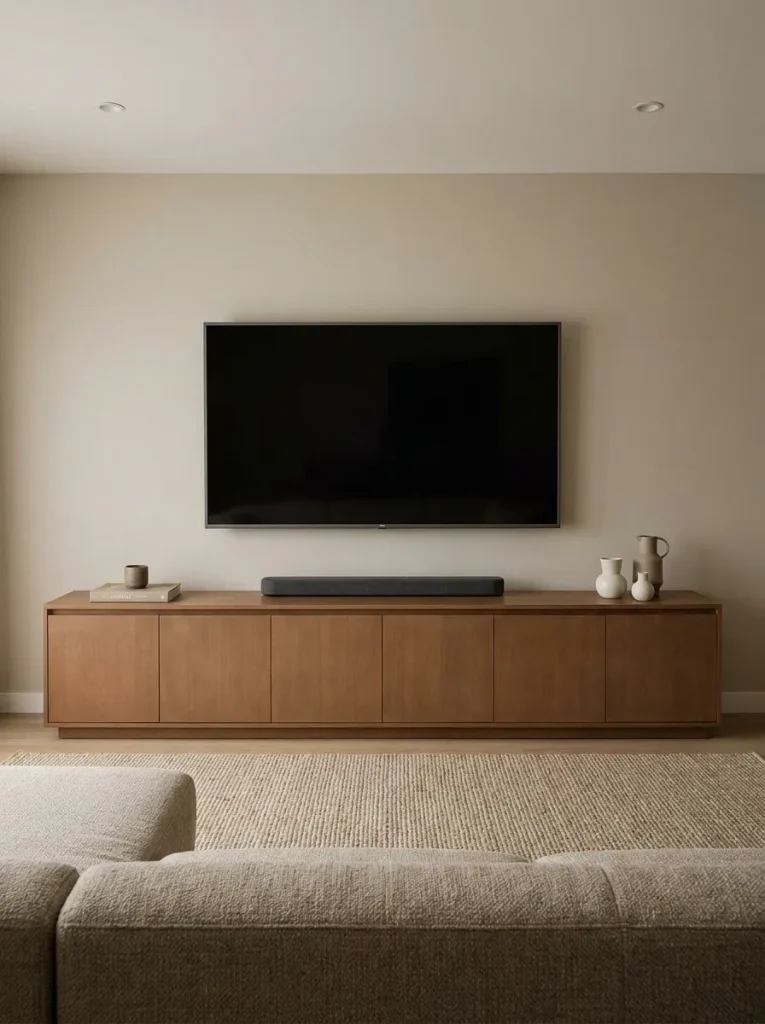 Simplified mobile home TV wall with the screen, media console, and accessories aligned into a few clean visual planes.