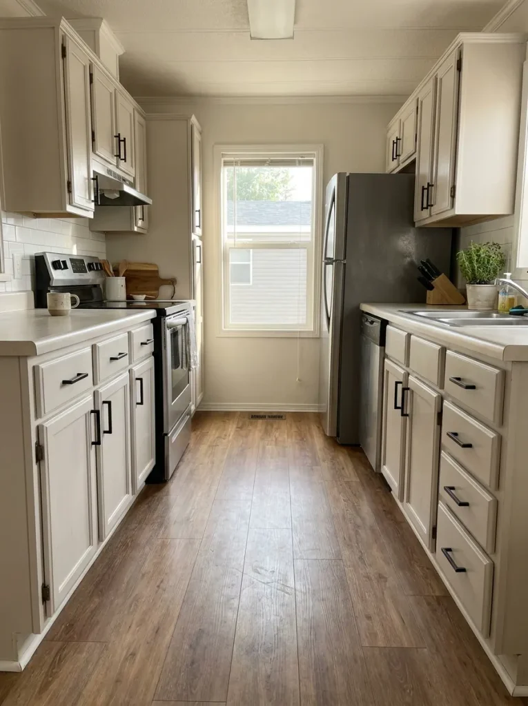 Narrow mobile home galley kitchen with solid existing cabinet boxes refreshed in a soft neutral finish and simple black hardware.