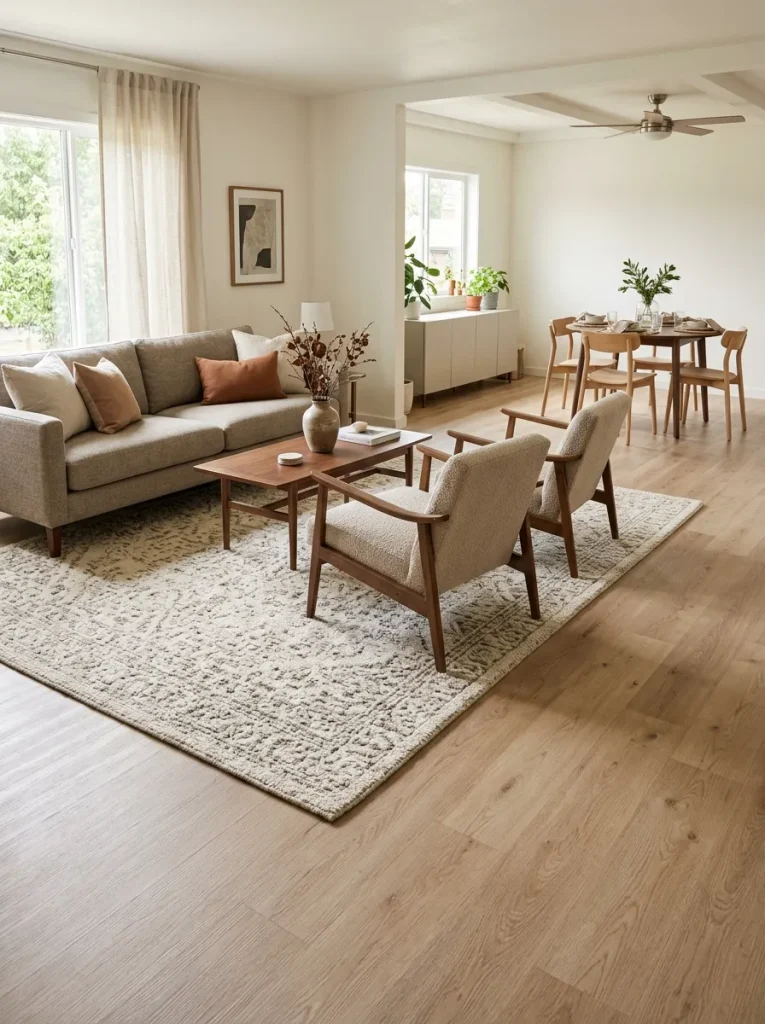 Large neutral rug defining the double-wide living-room seating area while continuous wood flooring remains open toward the dining space.