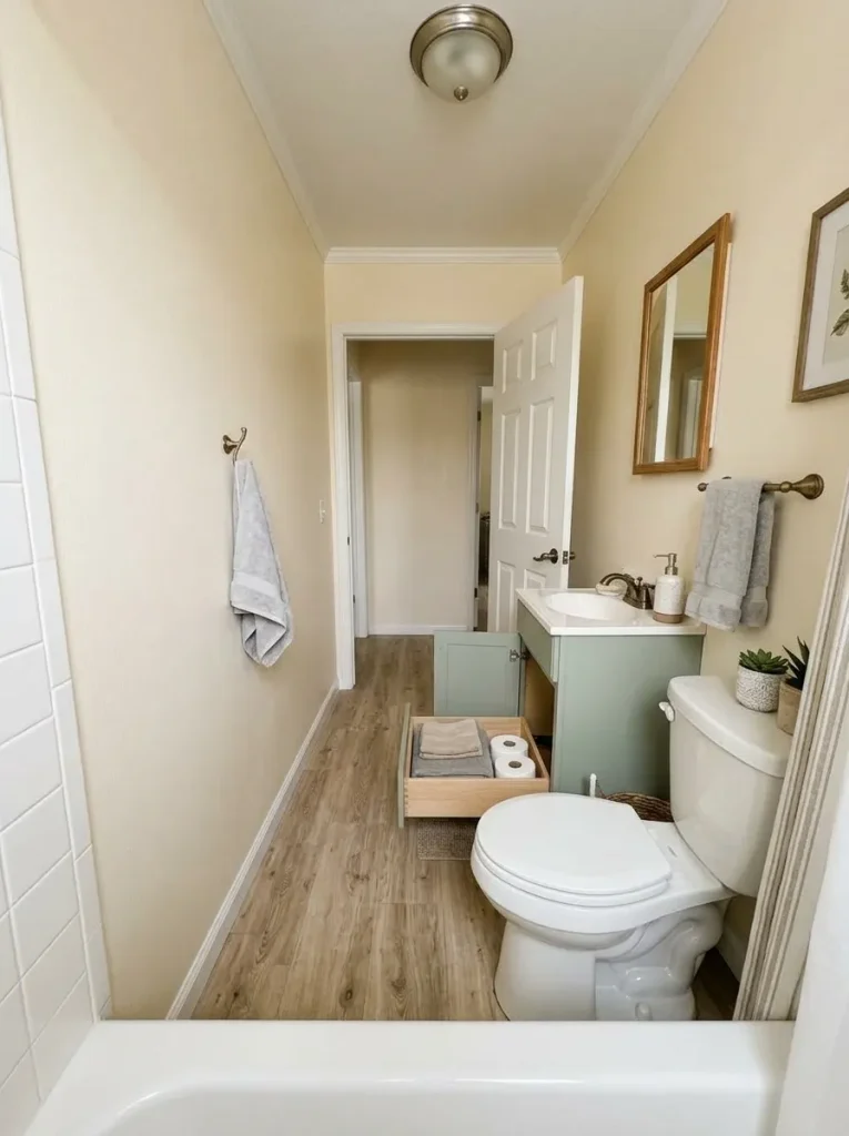 Open bathroom door and extended vanity drawer competing for the same narrow circulation space.